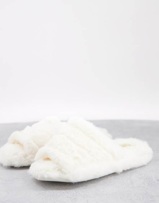 Truffle Collection fluffy open toe slippers in cream