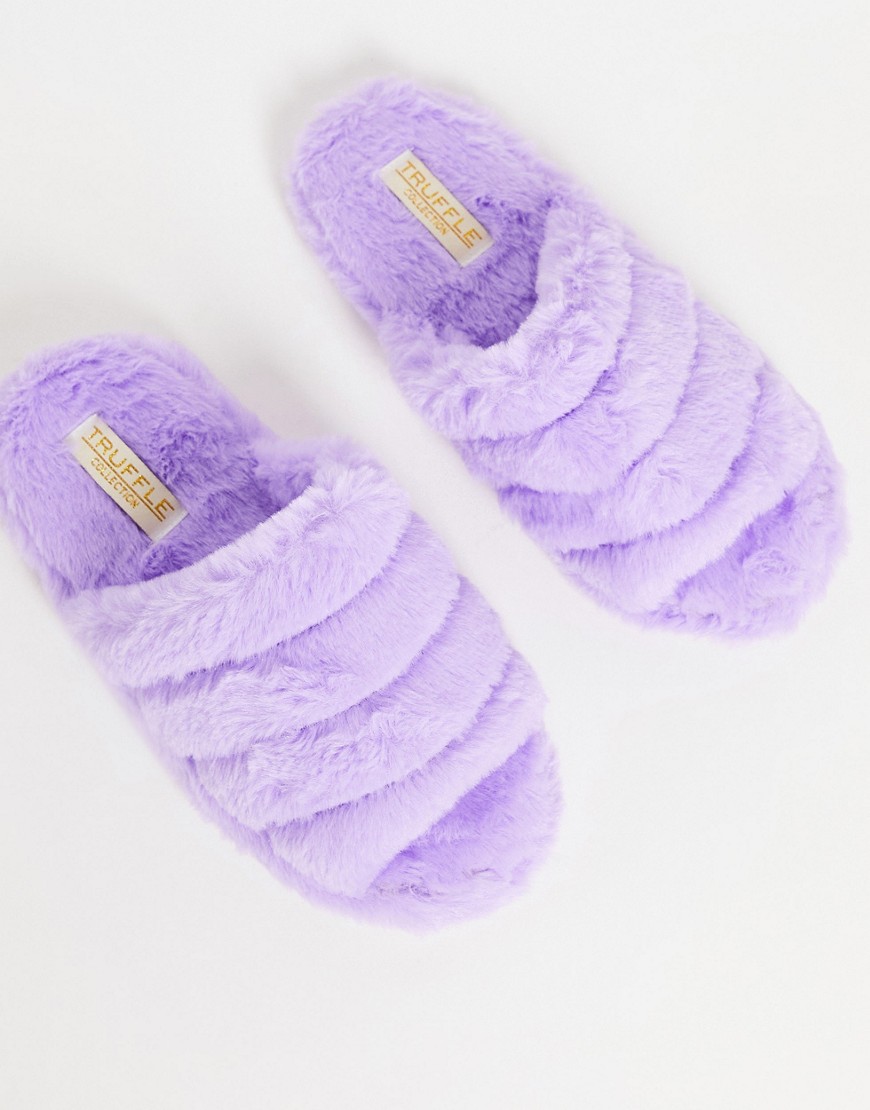 Truffle Collection fluffy open toe slippers in lilac-Purple
