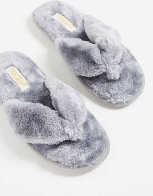 Truffle Collection fluffy toe post slippers in cream | ASOS