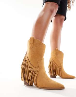 Truffle Collection Fringe Detail Ankle Boots In Camel-neutral