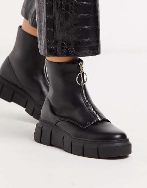 truffle collection square toe chunky lace up boots in black