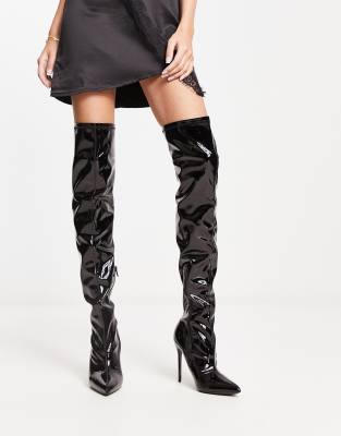 Truffle Collection glam over the knee stiletto boots in black patent