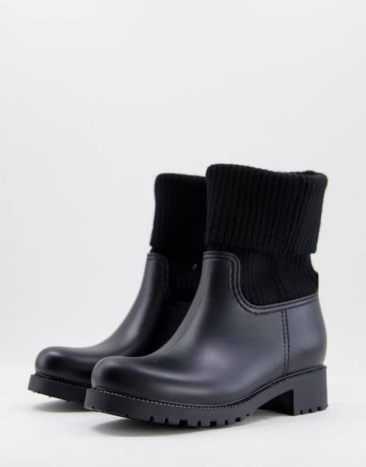 Truffle Collection – Gummistiefel mit gestricktem Umschlag in Schwarz 