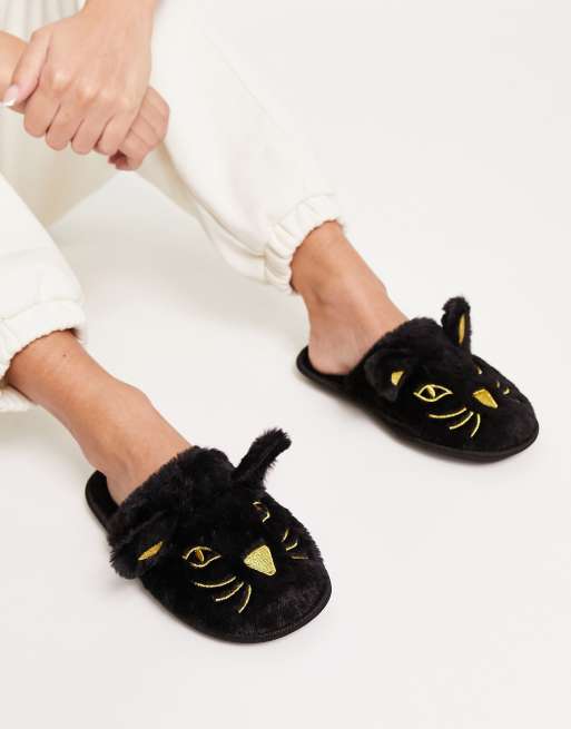 Truffle Collection – Halloween – Svarta och guldfärgade tofflor med kattdesign