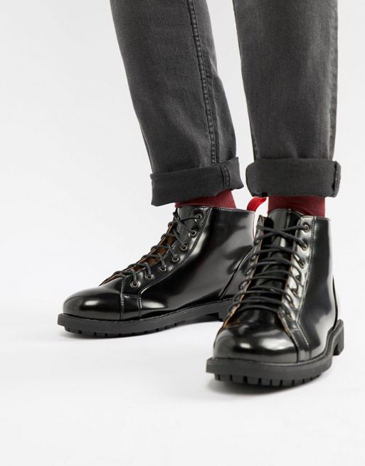 Truffle Collection High Shine Boots with Red Taping in Black | ASOS