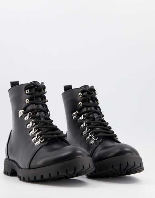 truffle collection wide fit chunky lace up boots in black