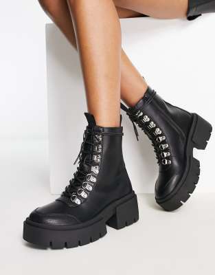 Truffle Collection Hiker Lace Up Chunky Boots In Black