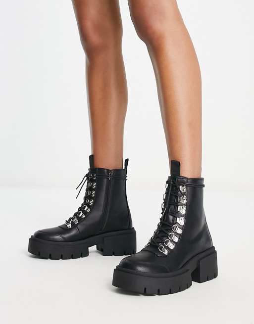 Stradivarius mid calf lace up moto boot in black