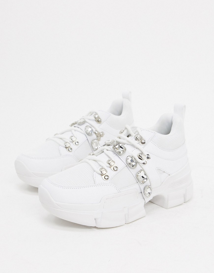 Truffle Collection jeweled chunky trainer in white-Beige