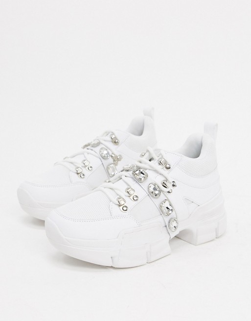 Truffle Collection jeweled chunky trainer in white