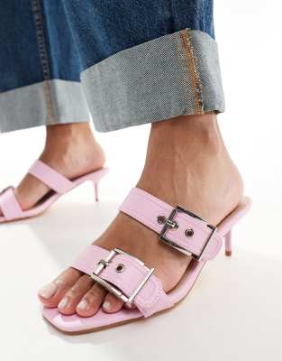 kitten heel double buckle strap mules in pink