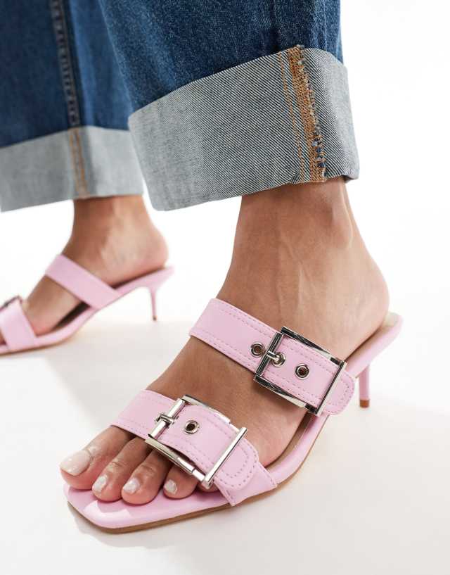 Truffle Collection - kitten heel double buckle strap mules in pink