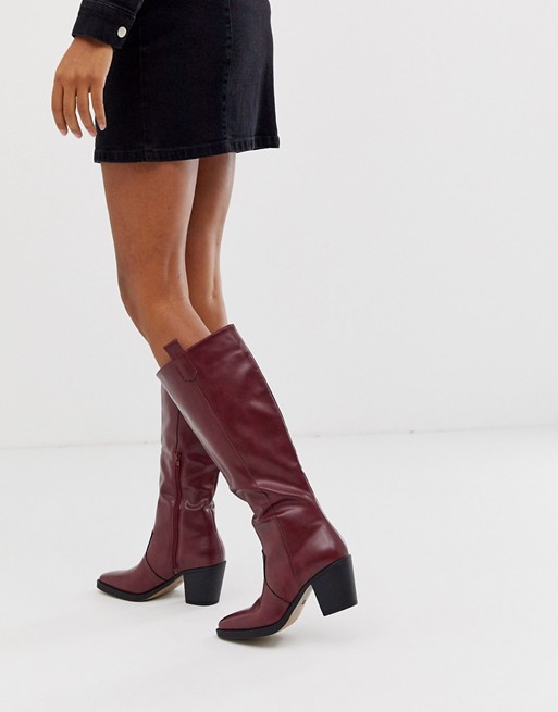 Truffle Collection knee high western boot in burgundy | ASOS