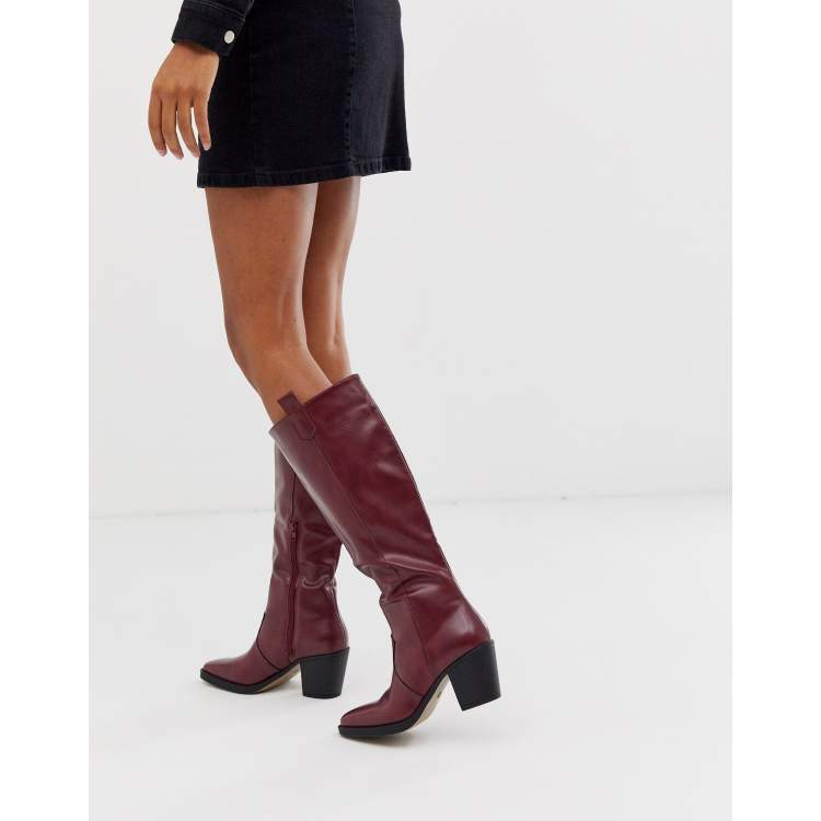 burgundy flat knee high boots