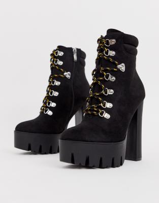 Truffle Collection lace up block heel hiker boot-Black