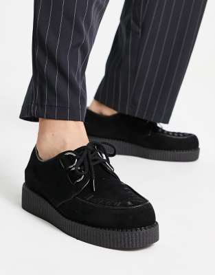 TRUFFLE COLLECTION LACE UP CREEPER SHOES IN BLACK MICRO SUEDE