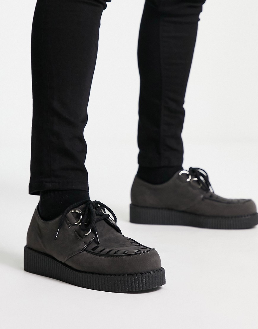 Truffle Collection Lace Up Creeper Shoes In Grey Micro Suede