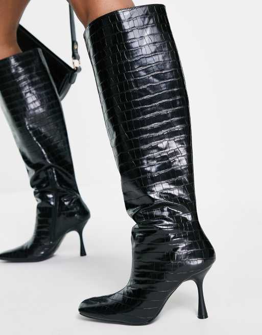Truffle Collection - Makkelijke glam knielaarzen in zwart met croc textuur