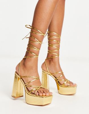 Truffle Collection Mega Platform Strappy Sandals In Gold Metallic