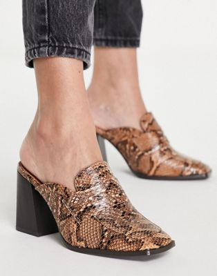 Truffle Collection mid block mule loafers in tan snake