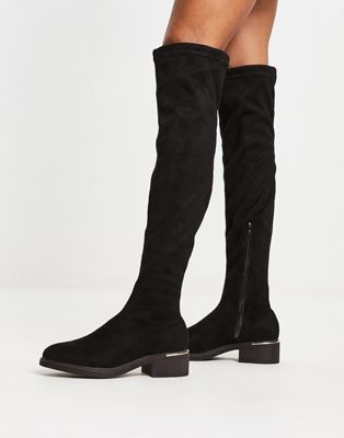 Truffle Collection Mid Heel Stretch Over The Knee Boots In Black
