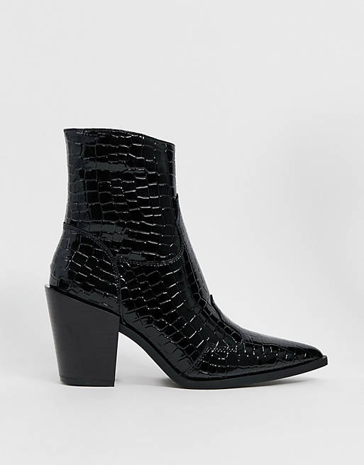 Truffle Collection mid heeled western boots in black croc | ASOS