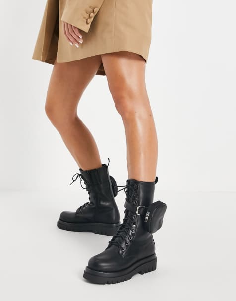 truffle collection wide fit chunky lace up boots in black
