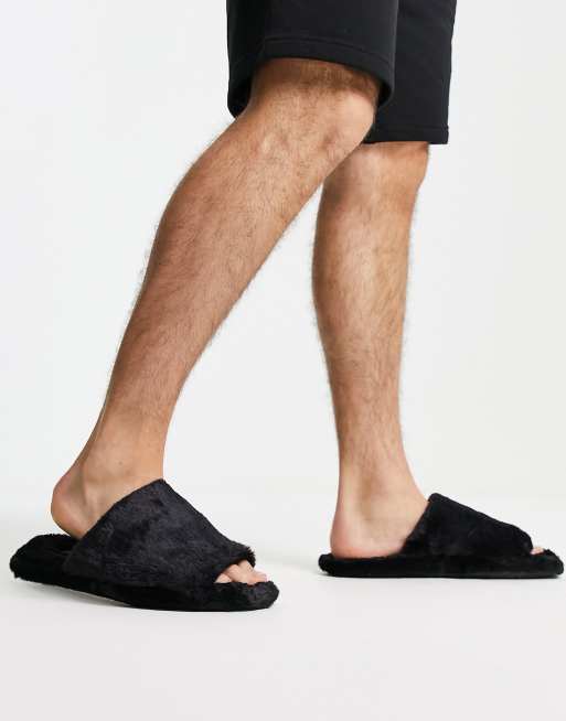 Truffle Collection open toe fur slider slipper in black ASOS