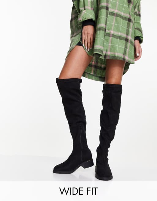 Truffle Collection - Over-de-knie-laarzen met brede pasvorm en halfhoge hak in zwart