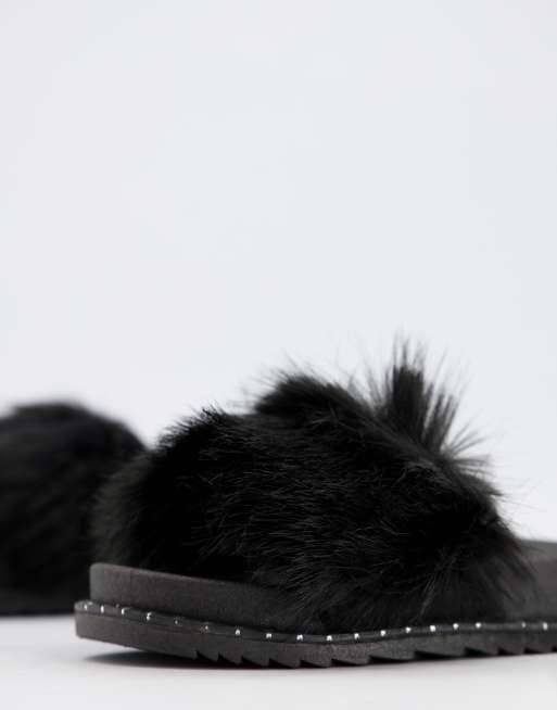 Truffle Collection - Pantofole stile sliders nere in pelliccia sintetica, 3 di 4