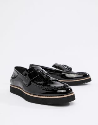 black patent tassel fringe trim loafers