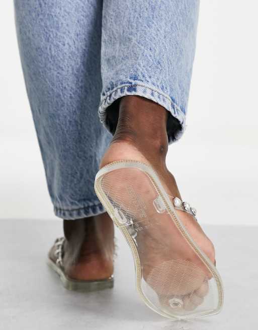 Truffle Collection pearl embellished jelly flip flops in clear ASOS