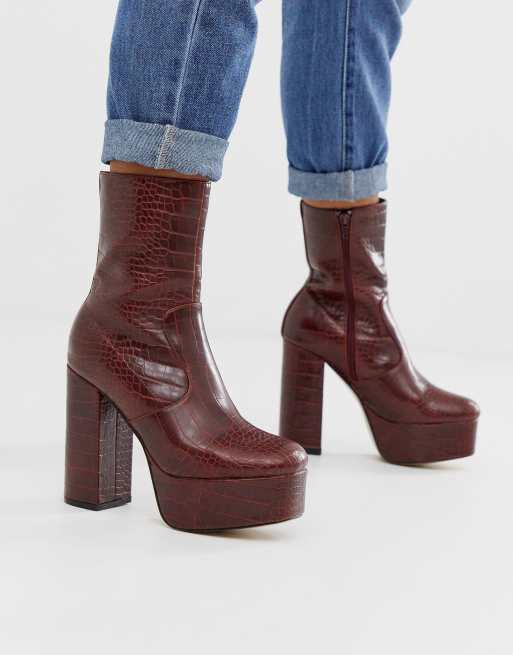 dark red patent faux croc chunky buckle boots
