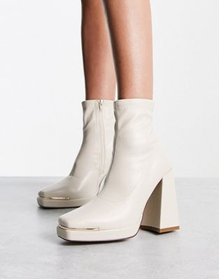  platform square toe boots with trim in cream