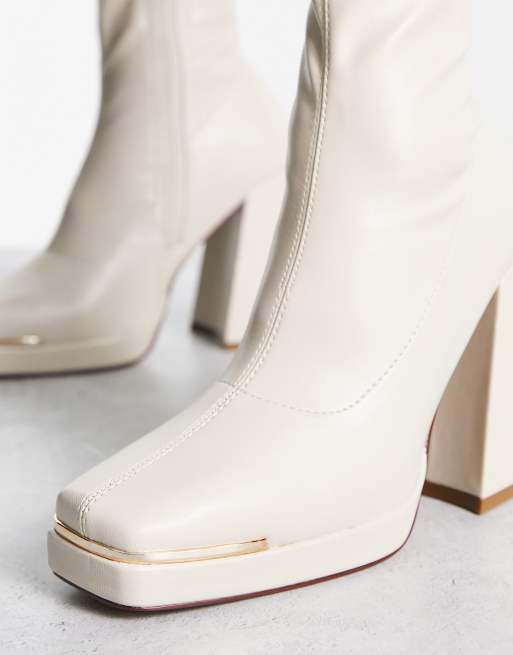 Truffle Collection platform square toe boots with trim in cream