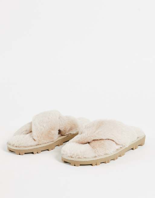 Truffle Collection - Pluizige pantoffels met kruisbandjes en dikke zool in taupe