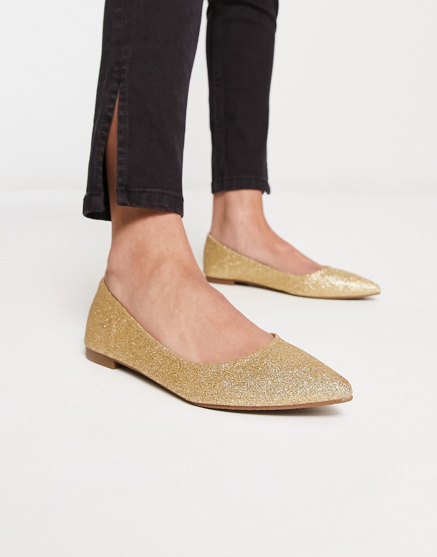 Truffle Collection Pointed Ballet Flats In Gold Glitter