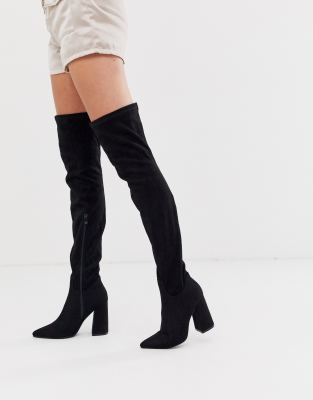 Truffle Collection pointed block heeled thigh boots in black | ASOS