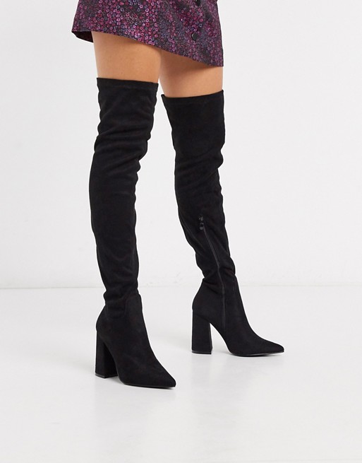 Truffle Collection pointed block heeled thigh boots in black
