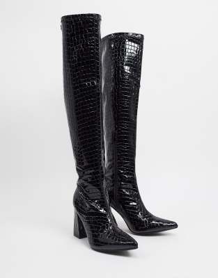 black patent croc knee high boots