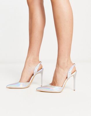 pointed sling back stiletto heeled shoes in iridescent 