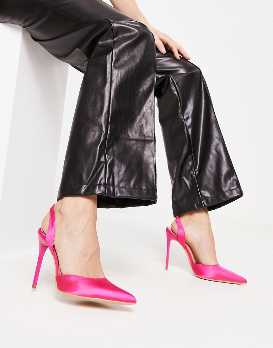 Truffle Collection pointed sling back stiletto heeled shoes in pink satin