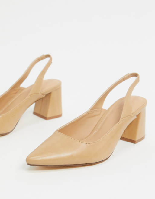 Truffle Collection pointed slingback block heel shoes in beige ASOS