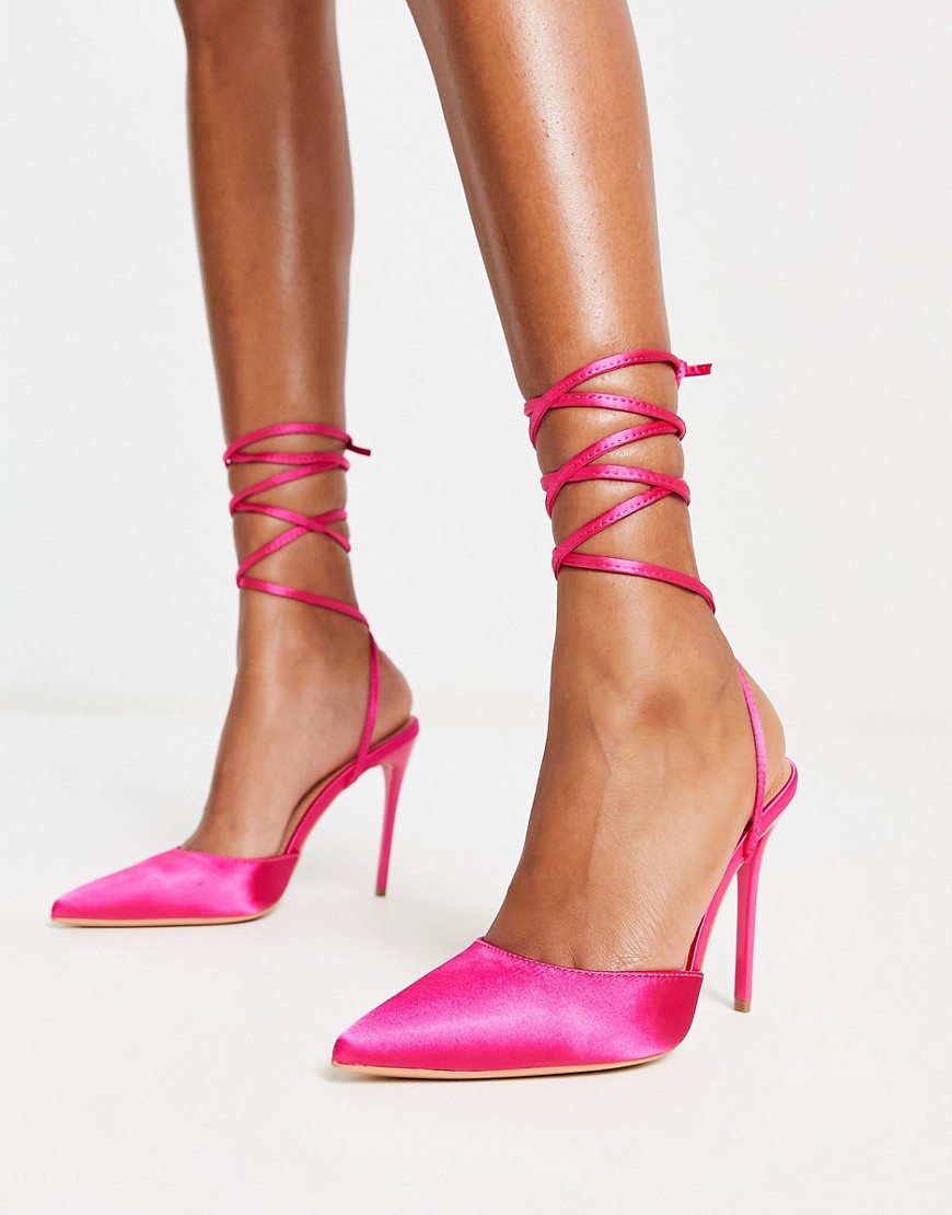 Truffle Collection pointed stiletto heeled shoes with tie leg in pink satin-Blue