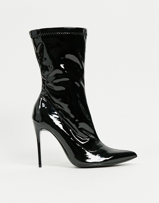 Truffle Collection pointed stiletto sock boots in black vinyl
