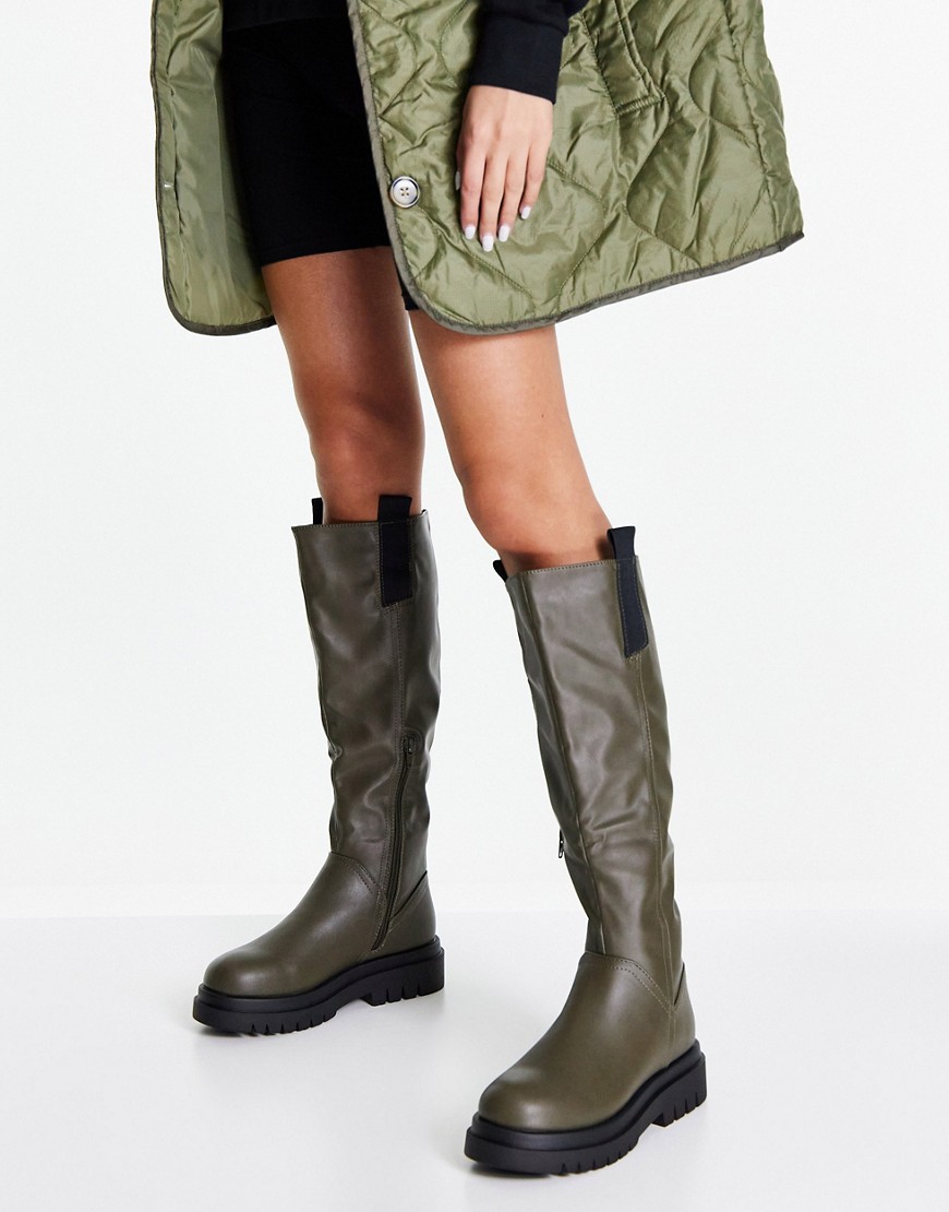 Truffle Collection Pull On Chunky Knee Boots In Khaki-black