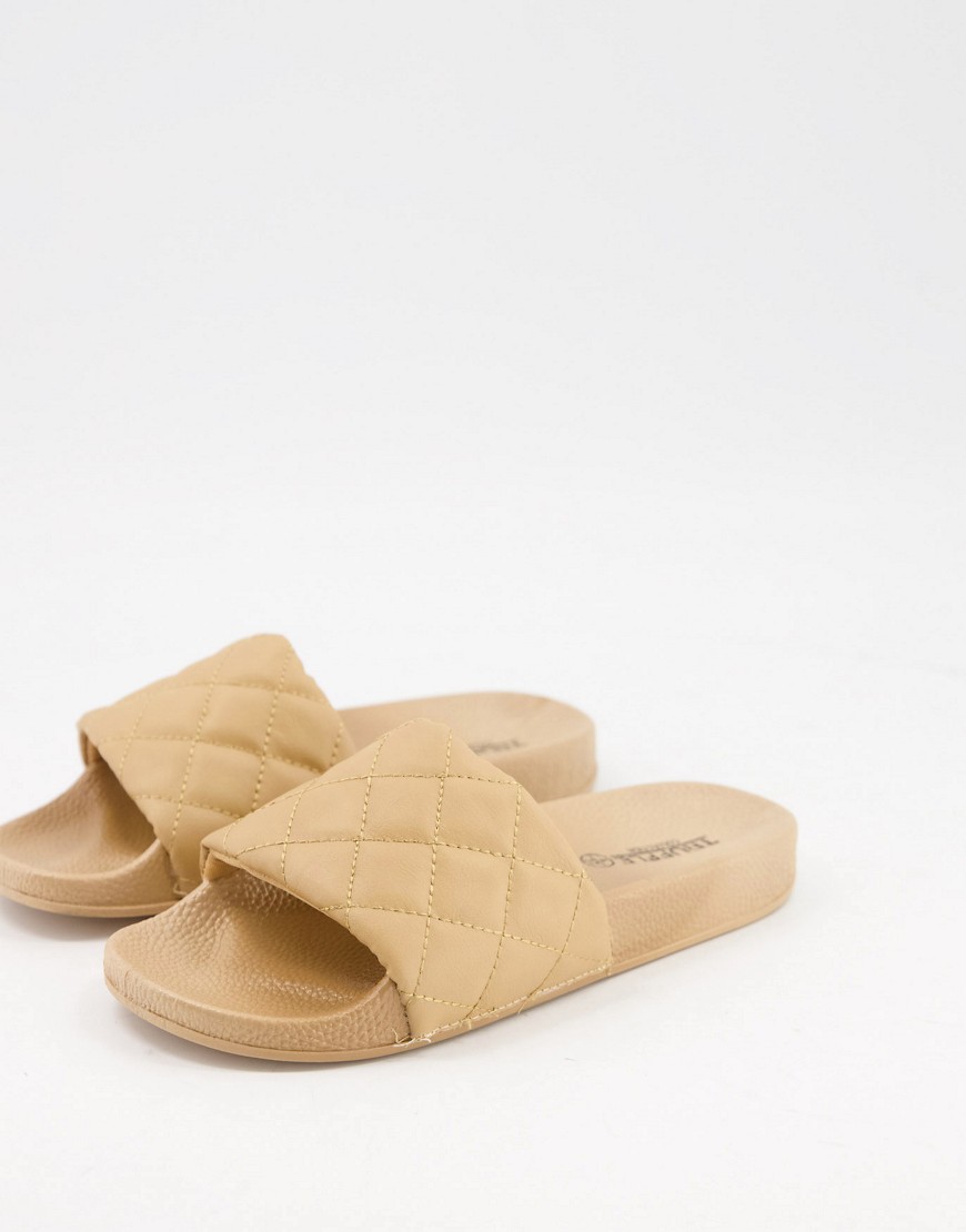 Truffle Collection quilted pool sliders in beige-Neutral