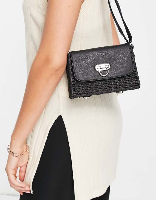 Truffle Collection Rieten crossbody tas met hengsel in zwart