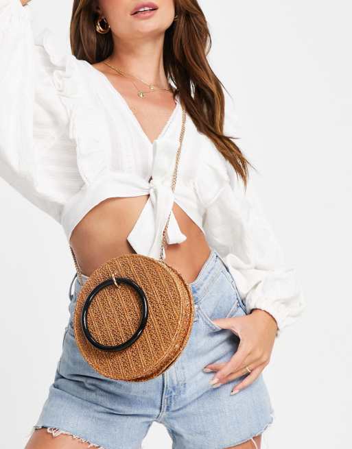 Truffle Collection - Sac rond en paille avec poignée en anneau - Marron