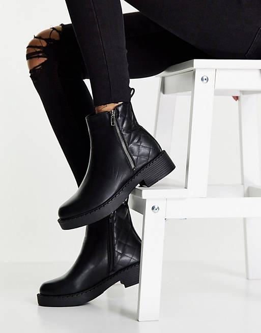Truffle Collection side zip ankle boots with quilting in black